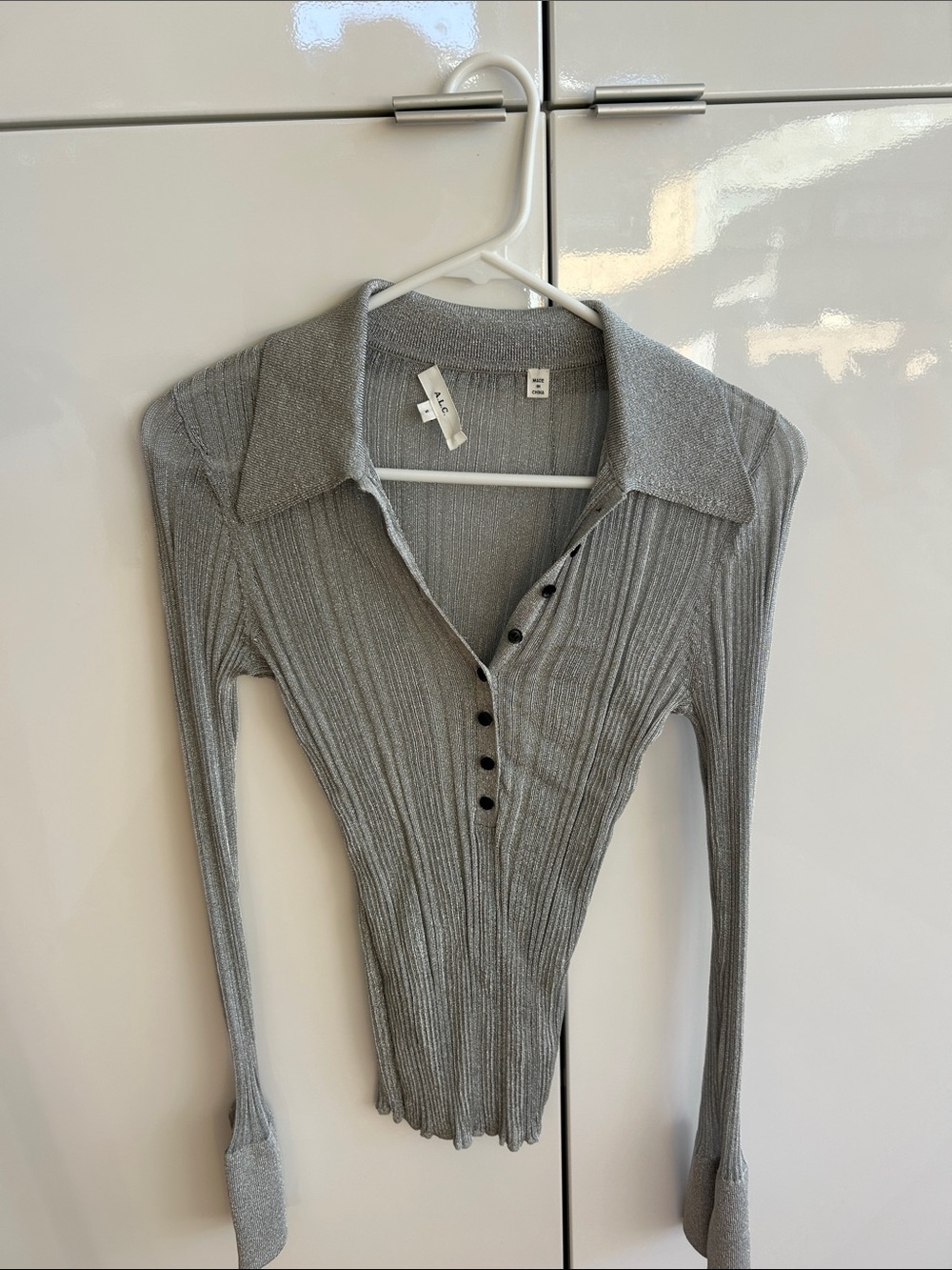 ALC Silver Metallic Ribbed Button-Front Collared Top